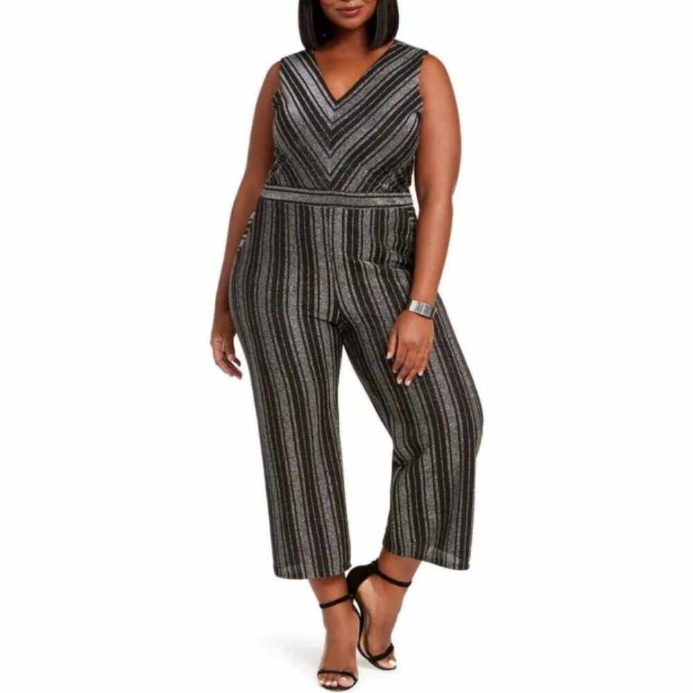 Monteau Black Silver Metallic Glitter Striped Jumpsuit Plus Size 3X NWT